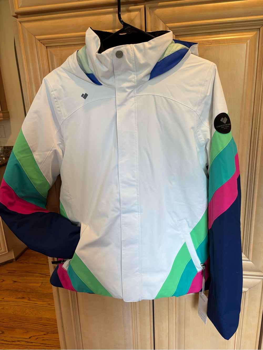 Obermeyer White Ski Jacket with Teal, Navy & Pink Colorblock Accents